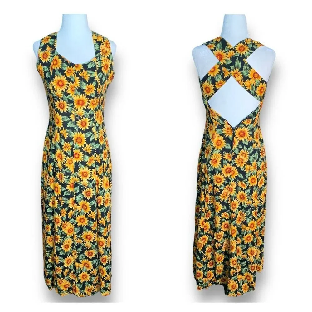 Vintage 90s Maxi Dress Sunflower Dark Floral Printed Black Sleeveless Cross-Back - Picture 1 of 12